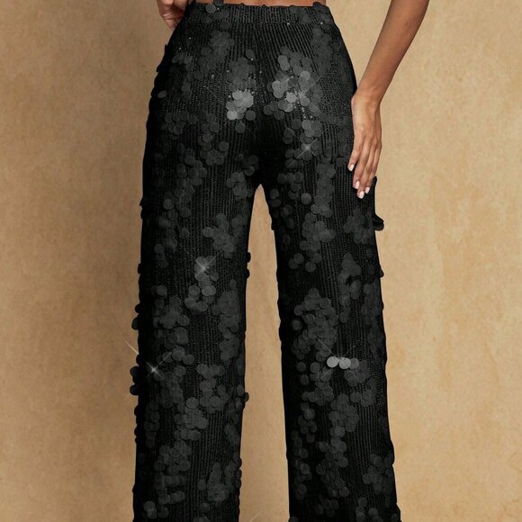 Black Party Women's High Waist Sequin detailed Wide Leg Long Pants - Picture 3 of 4